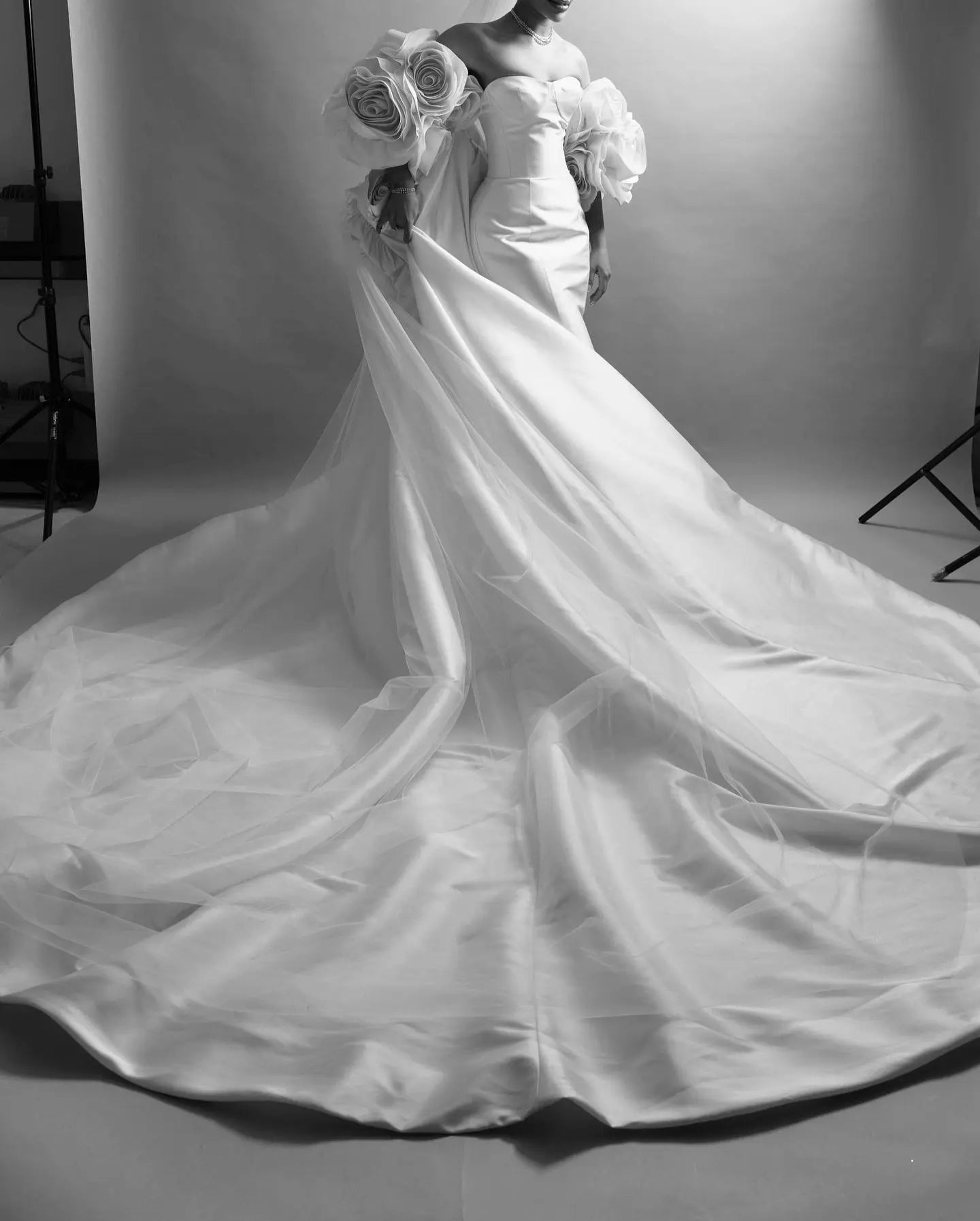 Ivory Satin Mermaid Wedding Dress 3D Giant Rose Floral With Veil ZP034