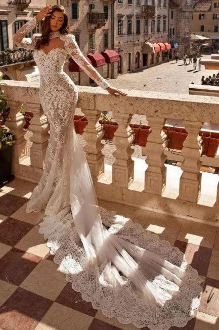 Noble highneck longsleeves mermaid lace Wedding dresses (ZD14878)
