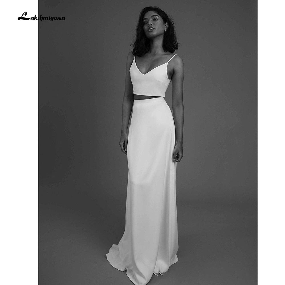 Simple Two Piece Wedding Dresses Beach Bridal Dresses Floor Length Satin Outfit Reception Gowns Spaghetti Straps