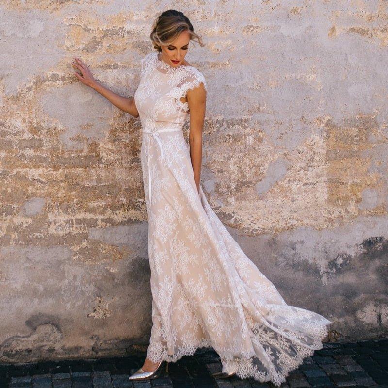 Vintage Champagne Lace Bohemian Wedding Dress A Line Cap Sleeve - VelvetHem