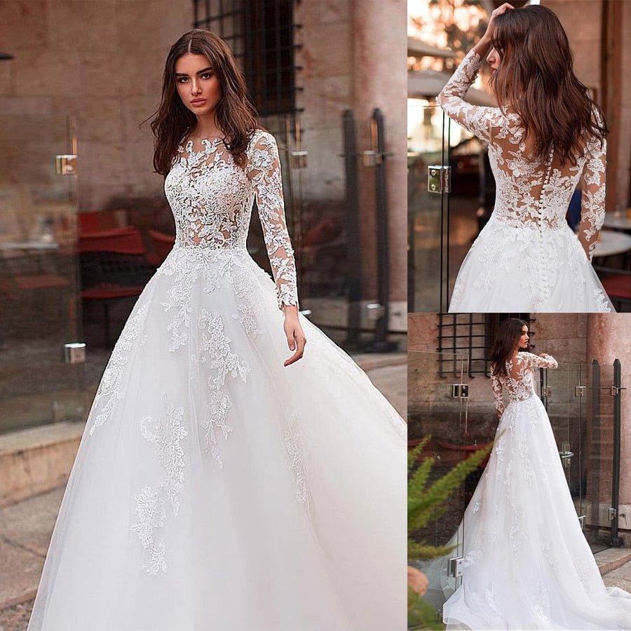 Attractive Tulle Jewel Neckline See-through Bodice A-line Wedding Dress With Lace Appliques & Beadings Long Sleeves Bridal Dress - VelvetHem