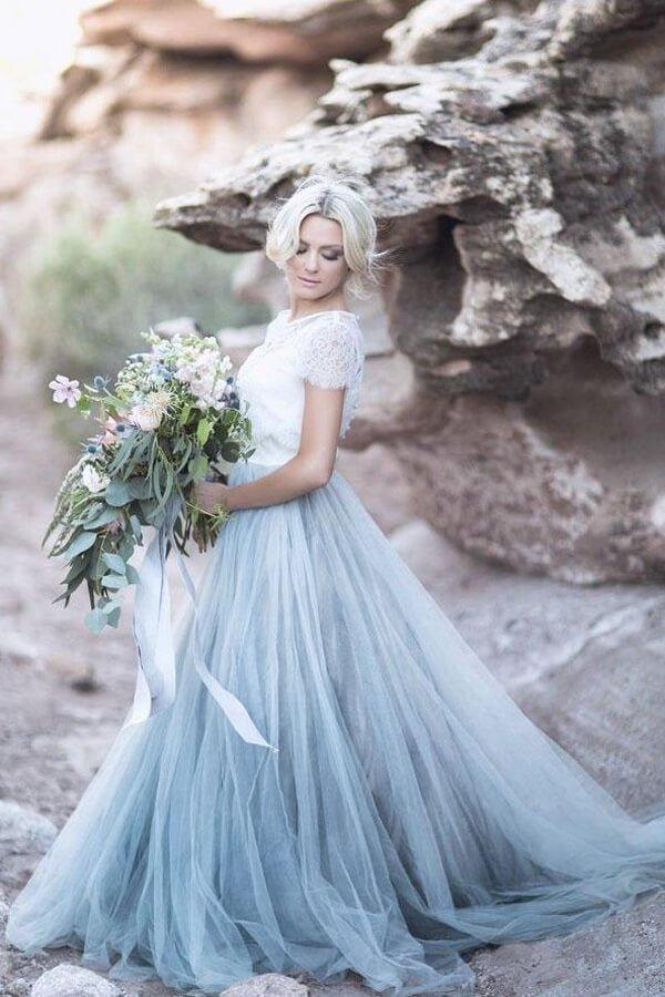 Blue Tulle Lace Top A-line Short Sleeves Wedding Dresses, Bridal Gown - VelvetHem