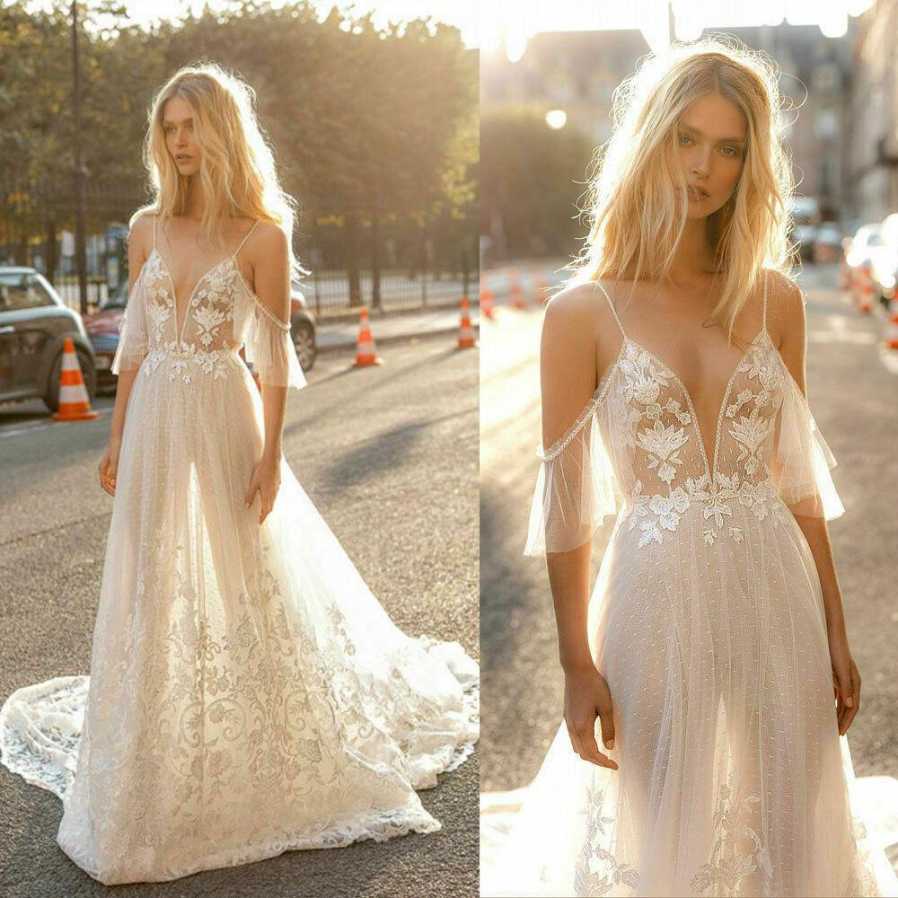 Boho Beach A Line Wedding Dresses Sexy Spaghetti Lace Appliques - VelvetHem