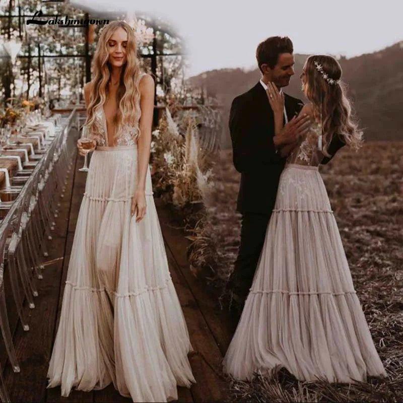 Boho Hippie Wedding Dress Sleeveless V Neck Chic Styl Whimsical Ruched Skirt Tulle Bridal Gowns Robe de mariee - VelvetHem