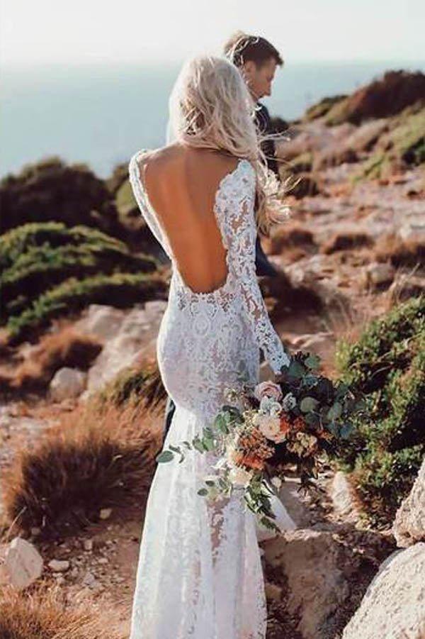 Charming Long Sleeve See Through Lace Rustic Mermaid Wedding Dress MW266 - VelvetHem