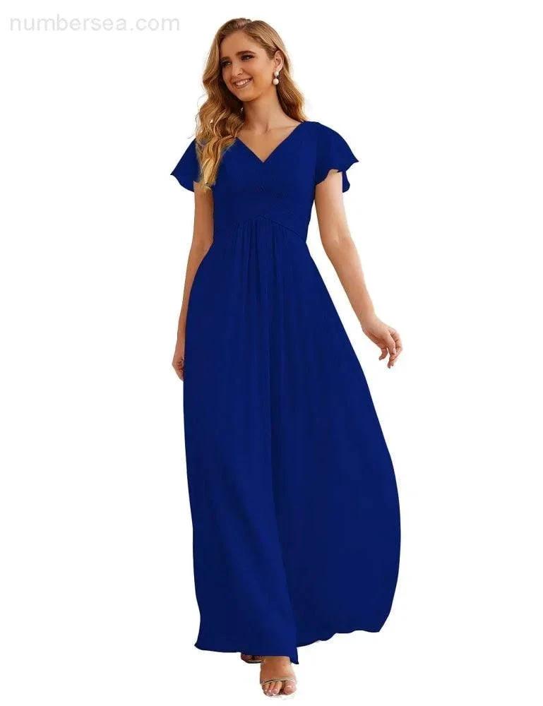 ZapDress Chiffon Bridesmaid Dress Cap Sleeves Maxi Prom Gowns Party Wedding Mother of The Bride Dresses for Women (ZD17035)