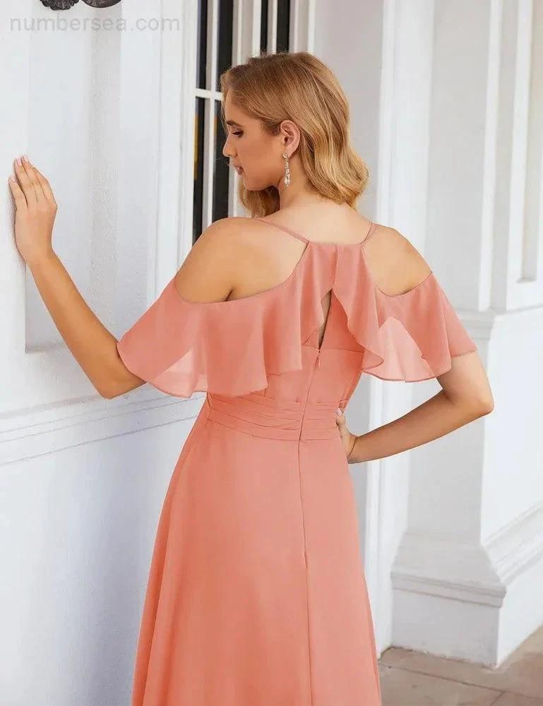 ZapDress Chiffon Cold Shoulder Long Bridesmaid Dresses Plus Size Formal Prom Gowns for Women Party Wedding (ZD17005)