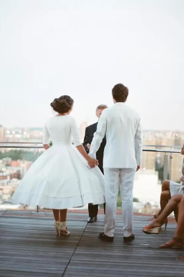 Modest A-line V-neck Half Sleeves Tea Length Taffeta Wedding Dresses, MW531