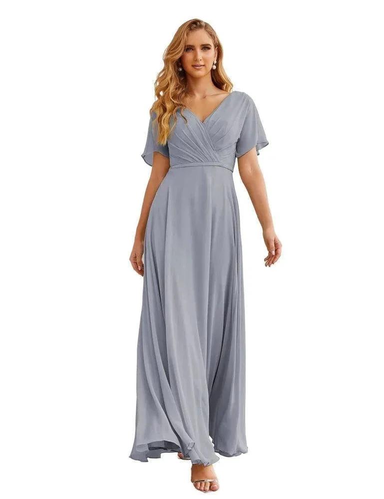 Numbersea Wrap V-Neck Chiffon Bridesmaid Dresses Long Formal Maxi Evening Gown for Wedding Guests SEA28049 by numbersea