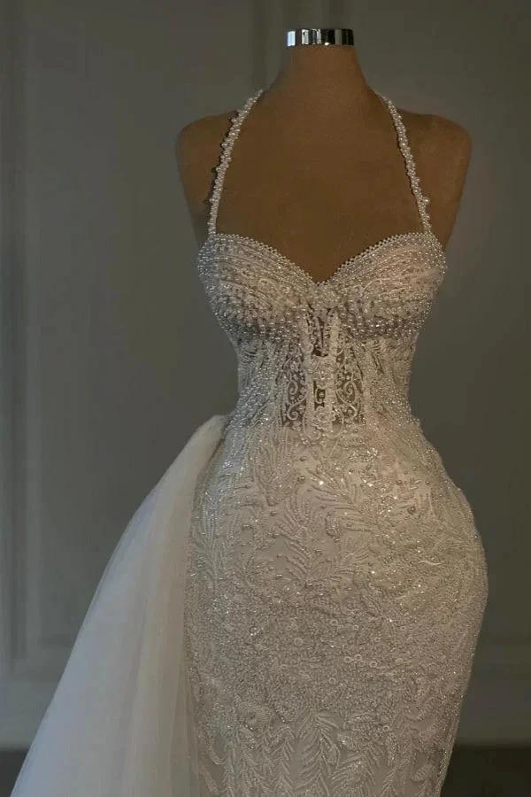 Obsessing Long Ivory Mermaid Halter Lace Beading Sleeveless Wedding Dress (ZD15522)