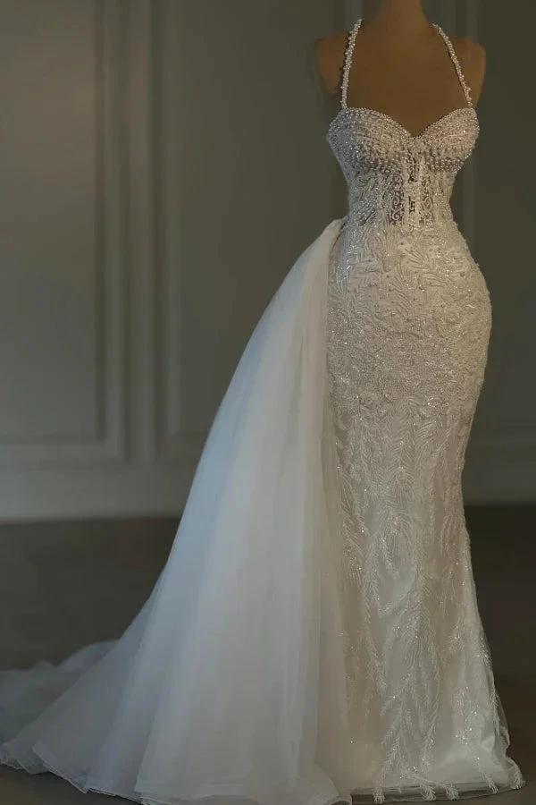 Obsessing Long Ivory Mermaid Halter Lace Beading Sleeveless Wedding Dress (ZD15522)