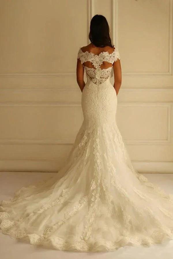 Off Shoulder Court Train Short Sleeves Mermaid Lace Wedding Dress (ZD16054)