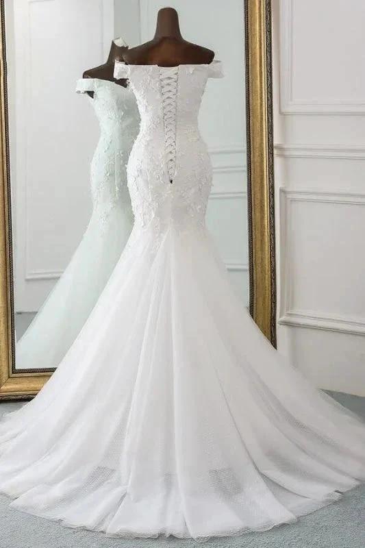 Off Shoulder Lace-up Applique Pretty Mermaid Elegant Wedding Dresses (ZD14718)