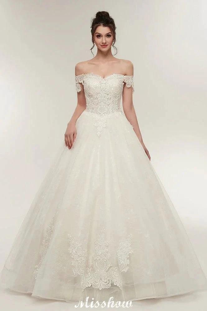 Off-shoulder Sweetheart A-line Lace-up Floor Length Lace Appliques Wedding Dresses by misshow.com