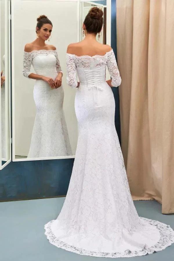 Off-The-Shoulder 3/4-Length Sleeves Lace-Up Mermaid Wedding Dress (ZD15440)