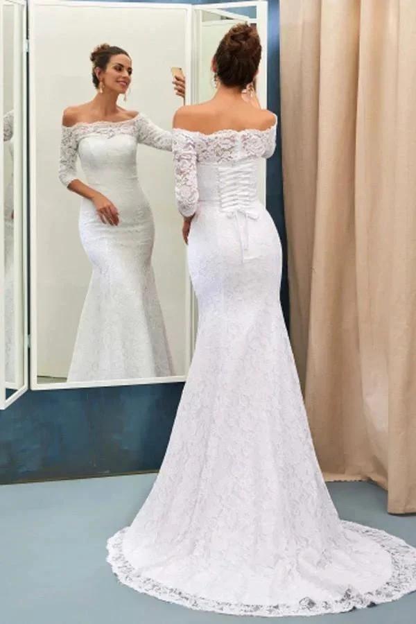 Off-The-Shoulder 3/4-Length Sleeves Lace-Up Mermaid Wedding Dress (ZD15440)