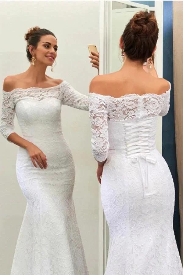 Off-The-Shoulder 3/4-Length Sleeves Lace-Up Mermaid Wedding Dress (ZD15440)