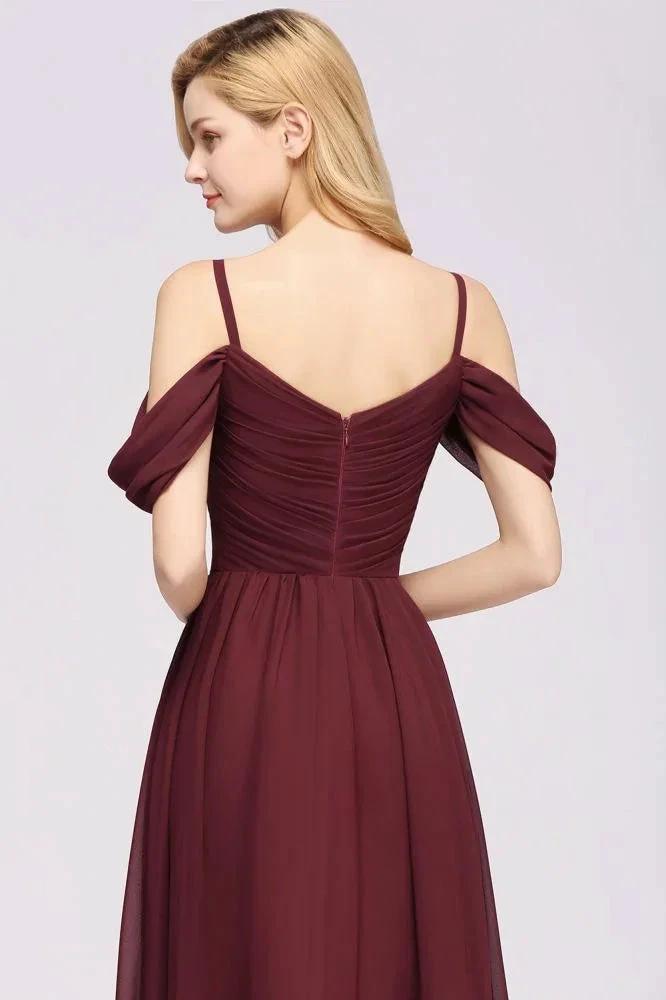 Off-the-Shoulder A-line Chiffon Bridesmaid Dress Floor-Length Wedding Guest Dress (ZD13091)