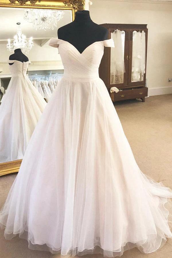 Off the Shoulder A-Line Ivory Wedding Dress with Pleats (ZD15333)
