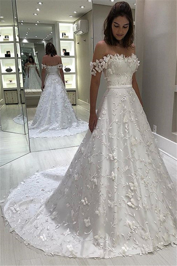 Off-the-Shoulder A-Line Wedding Dress With Appliques (ZD17534) - VelvetHem