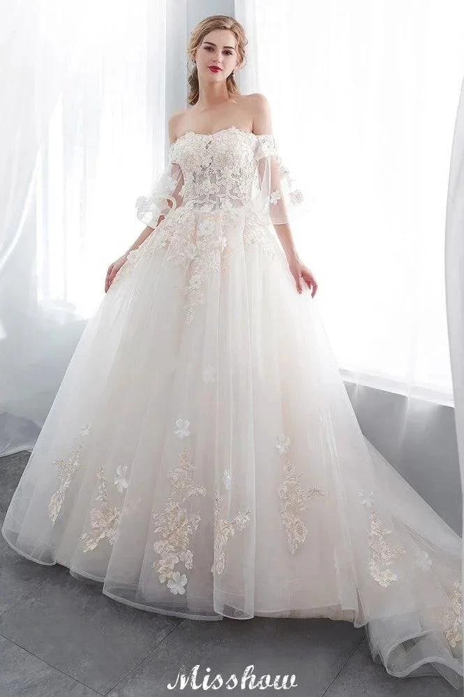 Off-the-shoulder Aline Ball Gown Floor Length Appliques Tulle Wedding Dress (ZD13959) - VelvetHem