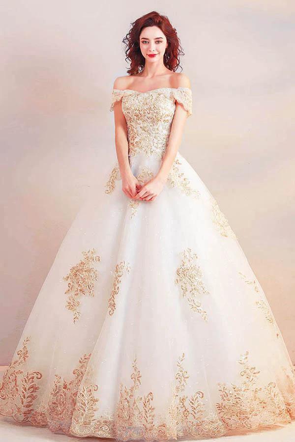 Off the Shoulder Ball Gown Long Wedding Dress with Gold Appliques (ZD15361)