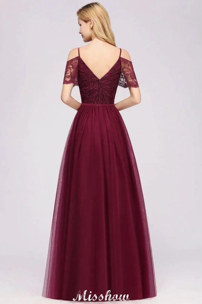 Off the Shoulder Burgundy Aline Bridesmaid Dress Floor Length Tulle Evening Maxi Gown (ZD12914)