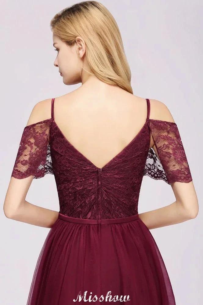 Off the Shoulder Burgundy Aline Bridesmaid Dress Floor Length Tulle Evening Maxi Gown (ZD12914)