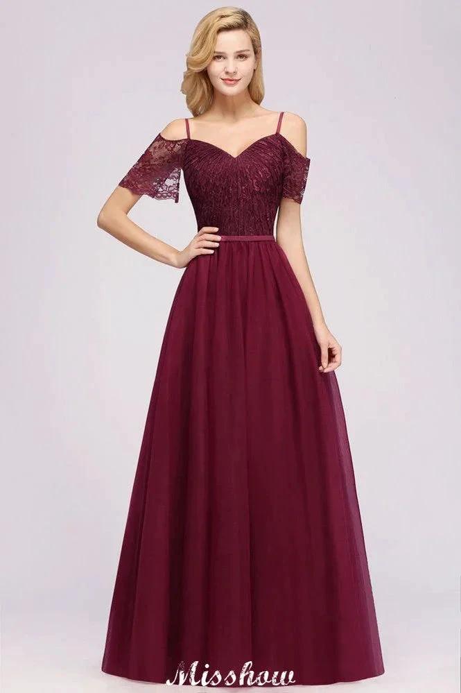 Off the Shoulder Burgundy Aline Bridesmaid Dress Floor Length Tulle Evening Maxi Gown by misshow.com