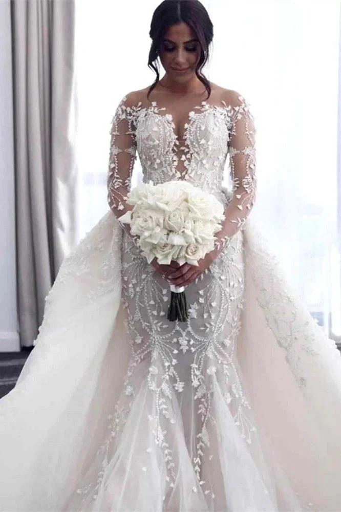 Off-the-Shoulder Deep V-Neck Wedding Dress with Overskirt (ZD16595)