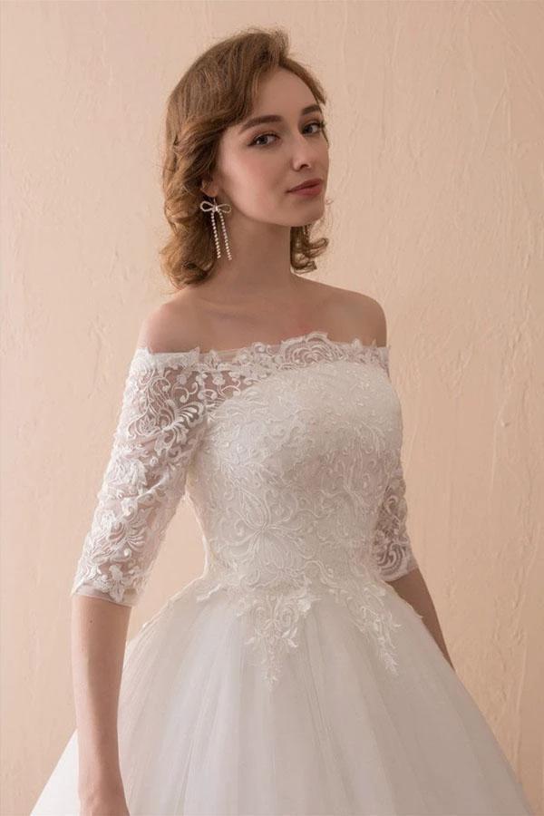 Off The Shoulder Lace Ball Gown Wedding Dress With 1/2 Sleeves (ZD15443)