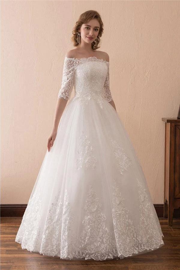 Off The Shoulder Lace Ball Gown Wedding Dress With 1/2 Sleeves (ZD15443)