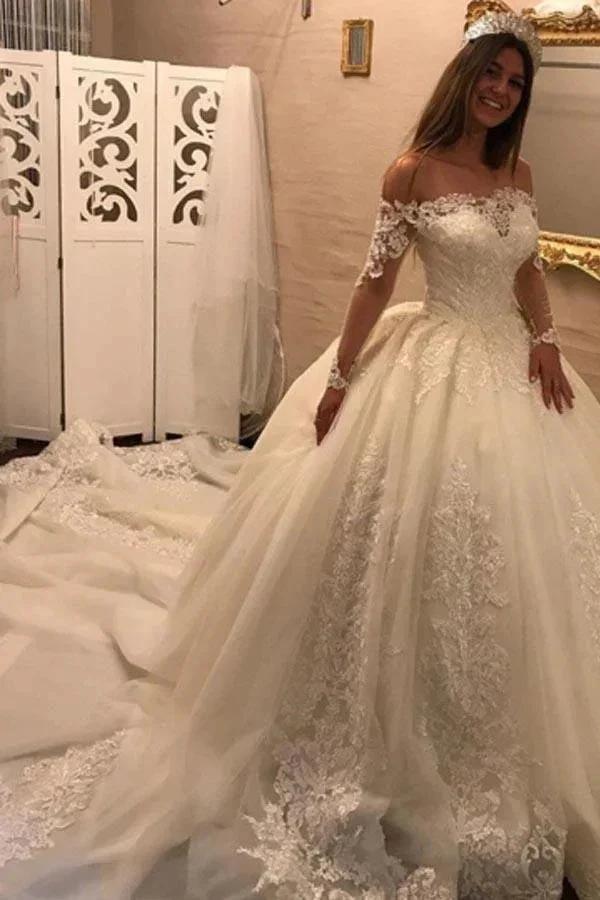 Off The Shoulder Long Sleeves Appliques Ball Gown Wedding Dress (ZD15442)