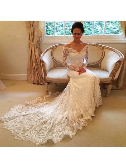 Off the Shoulder Long Sleeves Lace Wedding Dress Bridal Gown (ZD16053)