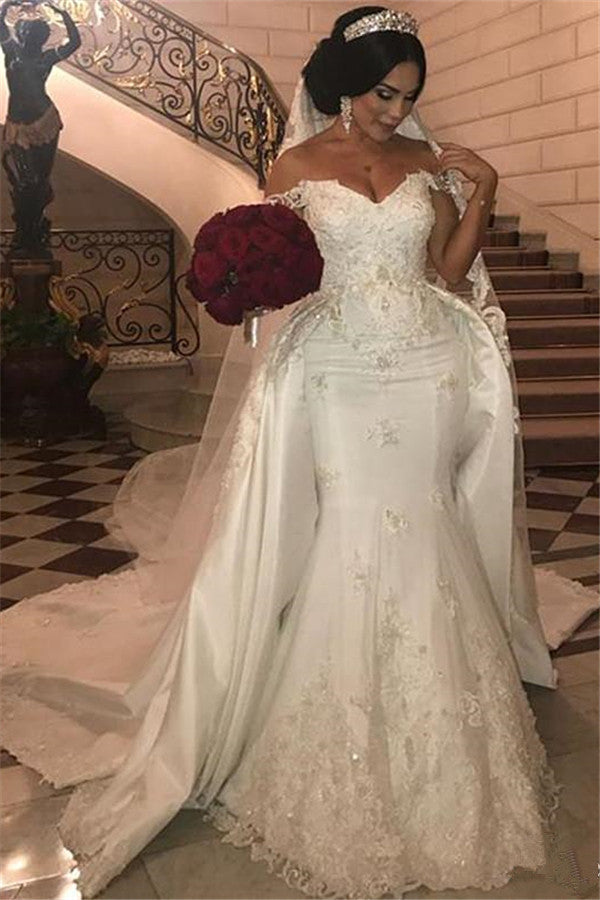 Off-the-Shoulder Mermaid Wedding Dress Overskirt Lace Bridal Gown (ZD17525) - VelvetHem
