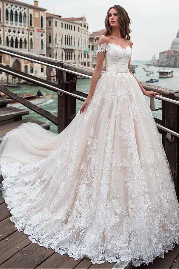 Off-the-shoulder Neckline A-line Wedding Dress With Lace Appliques (ZD16052) - VelvetHem