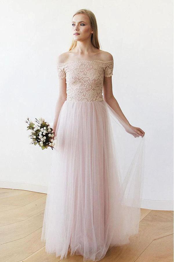 Off the Shoulder Pink Lace and Tulle Long Wedding Dress (ZD15441) - VelvetHem