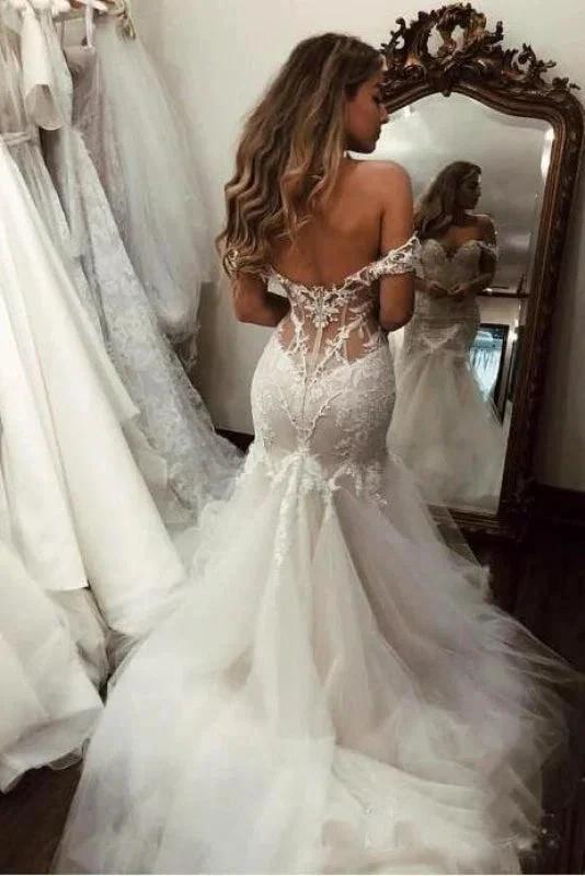 Off the Shoulder Pretty Mermaid Lace Long Tulle Elegant Wedding Dresses (ZD14733)