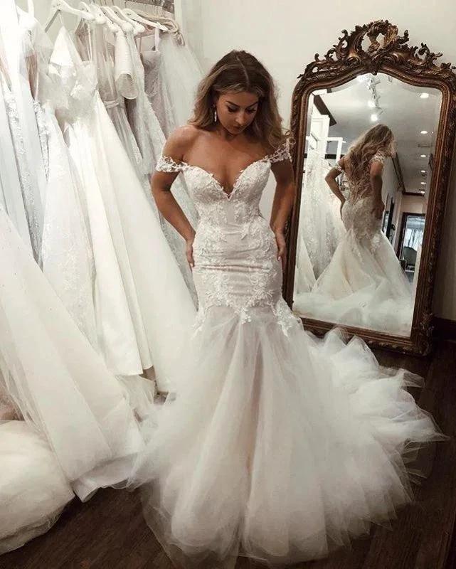 Off the Shoulder Pretty Mermaid Lace Long Tulle Elegant Wedding Dresses (ZD14733)