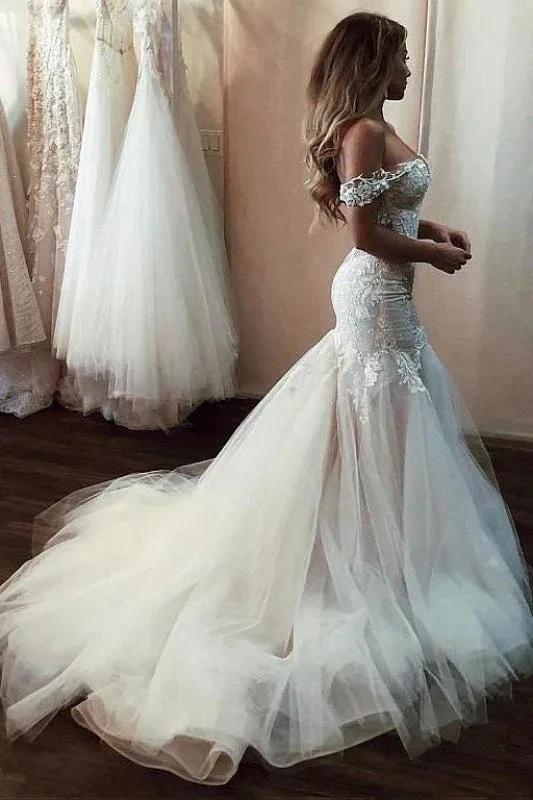 Off the Shoulder Pretty Mermaid Lace Long Tulle Elegant Wedding Dresses (ZD14733)
