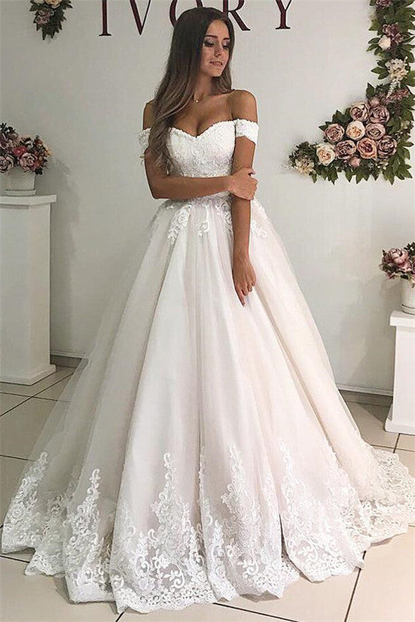 Off-the-Shoulder Princess Lace Wedding Dress (ZD17527) - VelvetHem