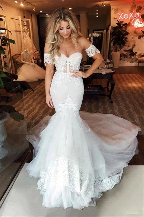 Off-the-Shoulder Puffy Tulle Wedding Dress Mermaid Appliques Sweep Train Bridal Wears (ZD13860) - VelvetHem