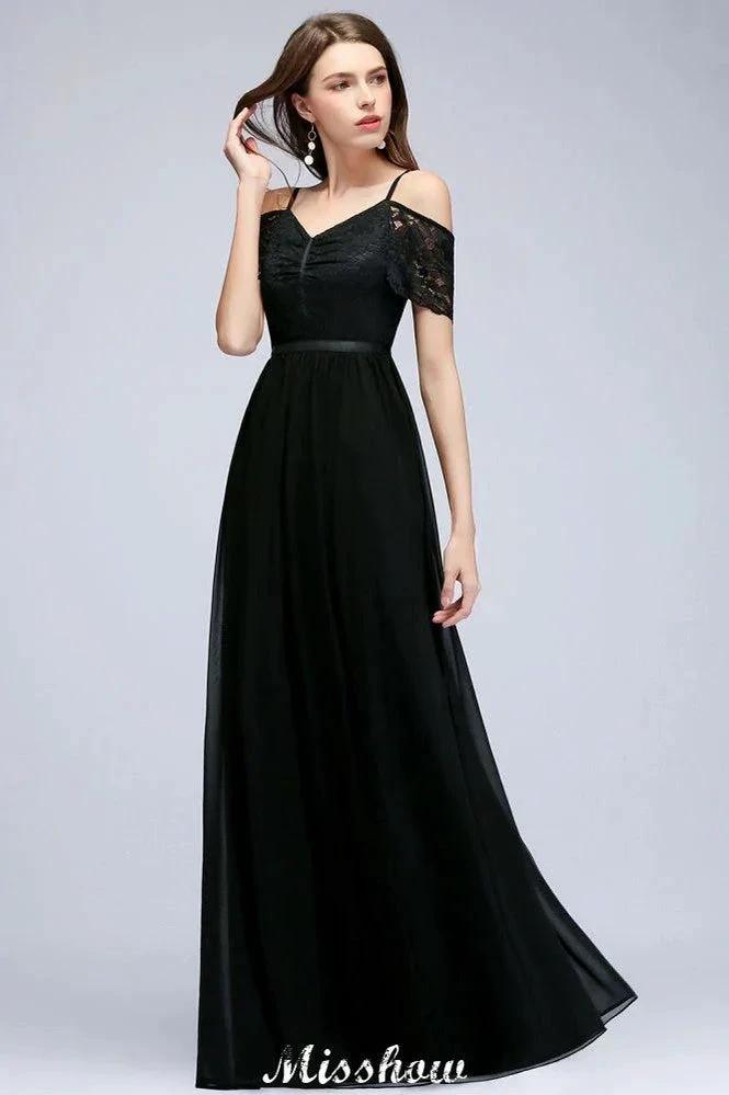Off-the-shoulder Sleeveless Floor-Length A-line Bridesmaid Dresses Chiffon Lace V-Neck Prom Dress (ZD12920)