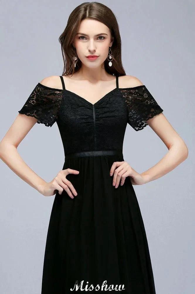 Off-the-shoulder Sleeveless Floor-Length A-line Bridesmaid Dresses Chiffon Lace V-Neck Prom Dress (ZD12920)