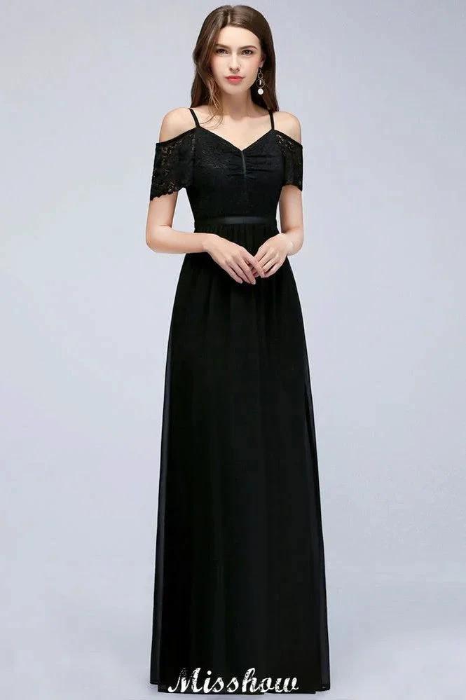 Off-the-shoulder Sleeveless Floor-Length A-line Bridesmaid Dresses Chiffon Lace V-Neck Prom Dress (ZD12920) - VelvetHem
