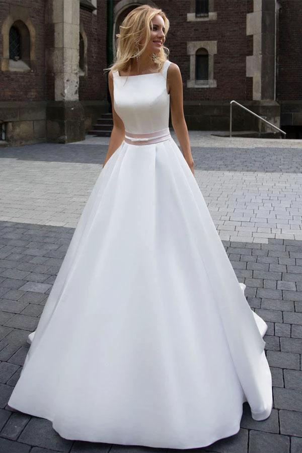 On Sale Princess Simple A-line Satin Ivory Wedding Dresses (ZD16350) - VelvetHem