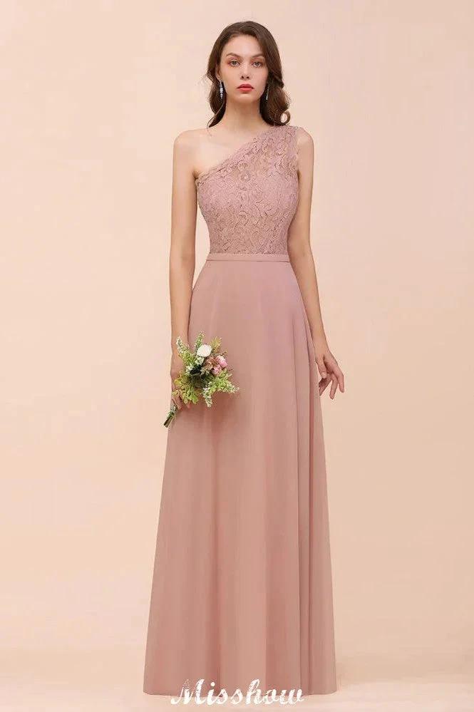 One Shoulder Chiffon Bridesmaid Dress Dusty Pink Wedding Guest Dress for Bride (ZD12946)