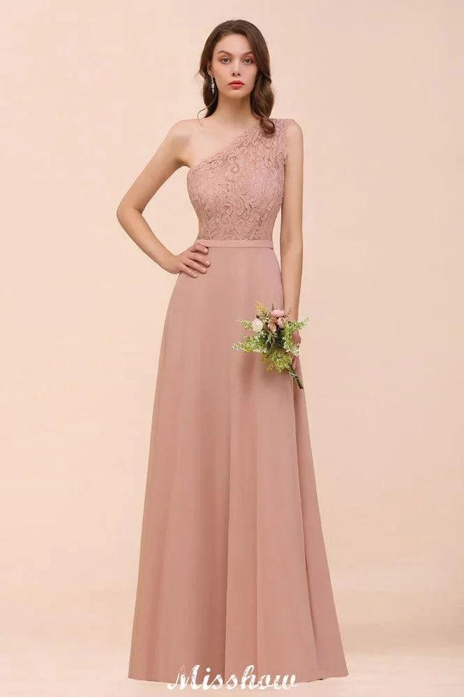 One Shoulder Chiffon Bridesmaid Dress Dusty Pink Wedding Guest Dress for Bride (ZD12946) - VelvetHem