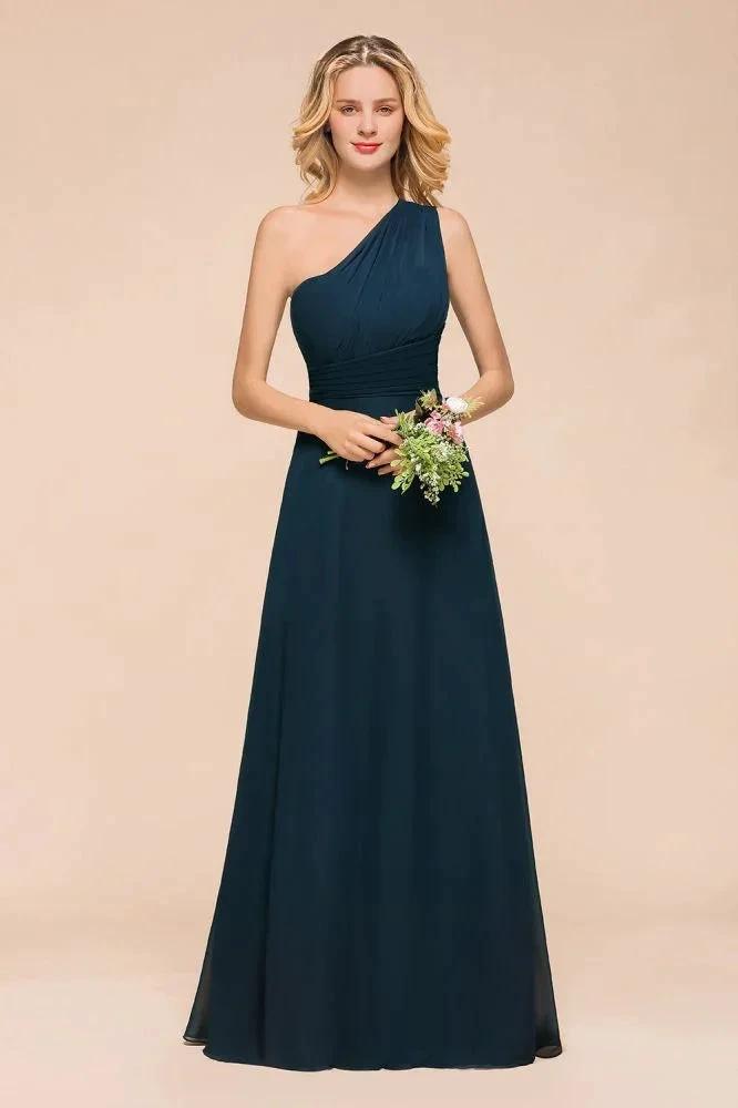 One Shoulder Floor-Length Bridesmaid Dress A-line Chiffon Wedding Party Dresses by misshow.com