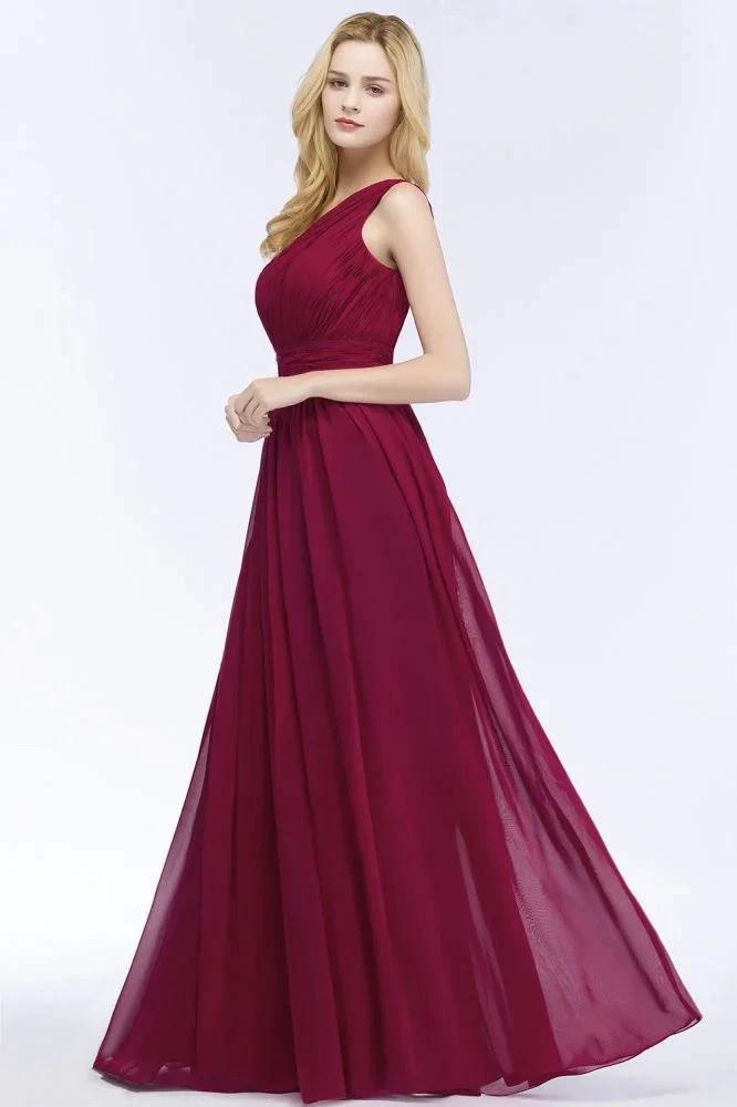 One-shoulder Floor Length Burgundy Ruffled Chiffon A-line Bridesmaid Dresses (ZD13036)